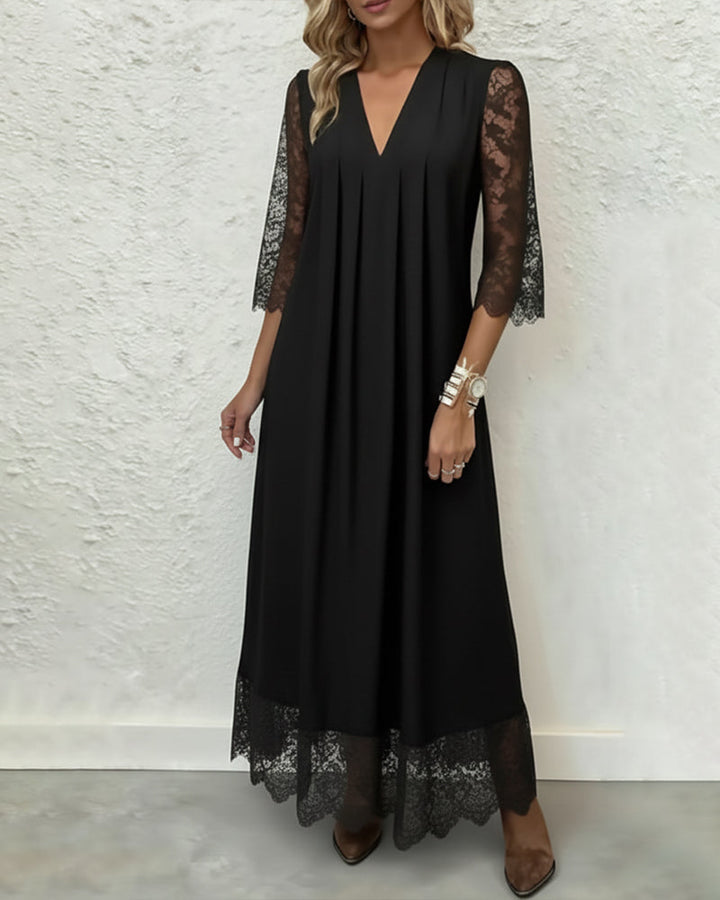 Dress with Lace Detail V-Neck and Pleated Design Elegant Atmosphere