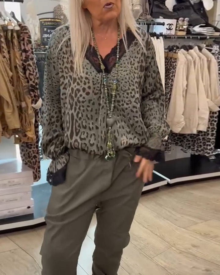 Leopard Print Blouse with V-Neck and Lace Patchwork