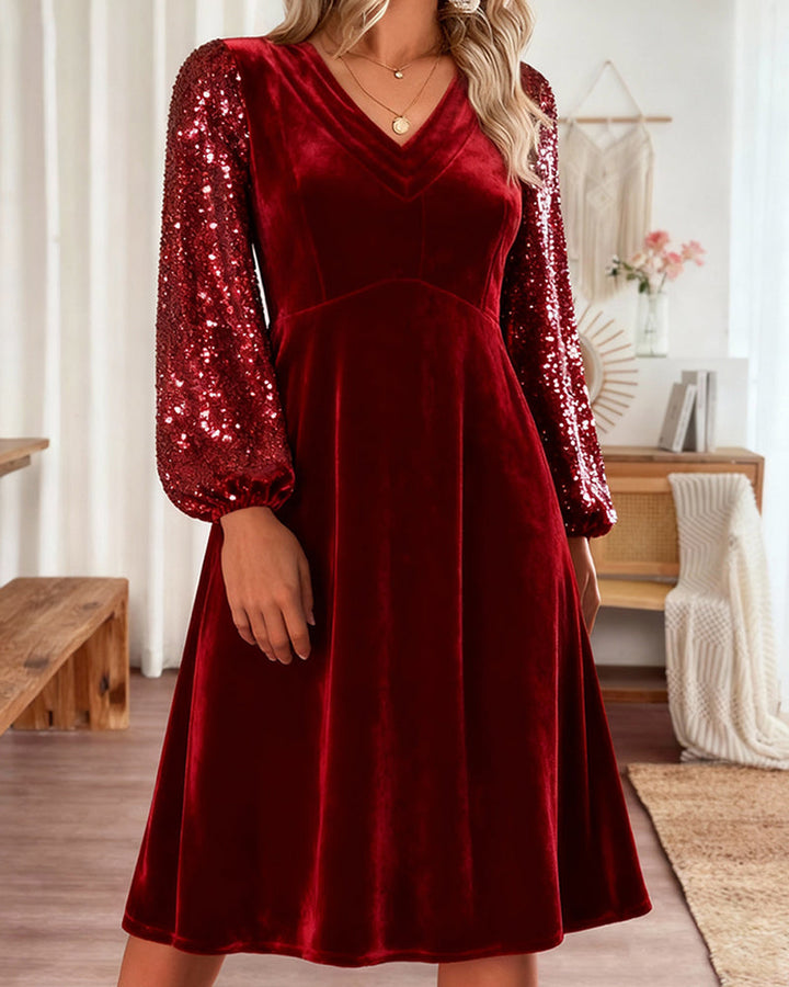 Casual Solid Velvet Dress with V-Neck