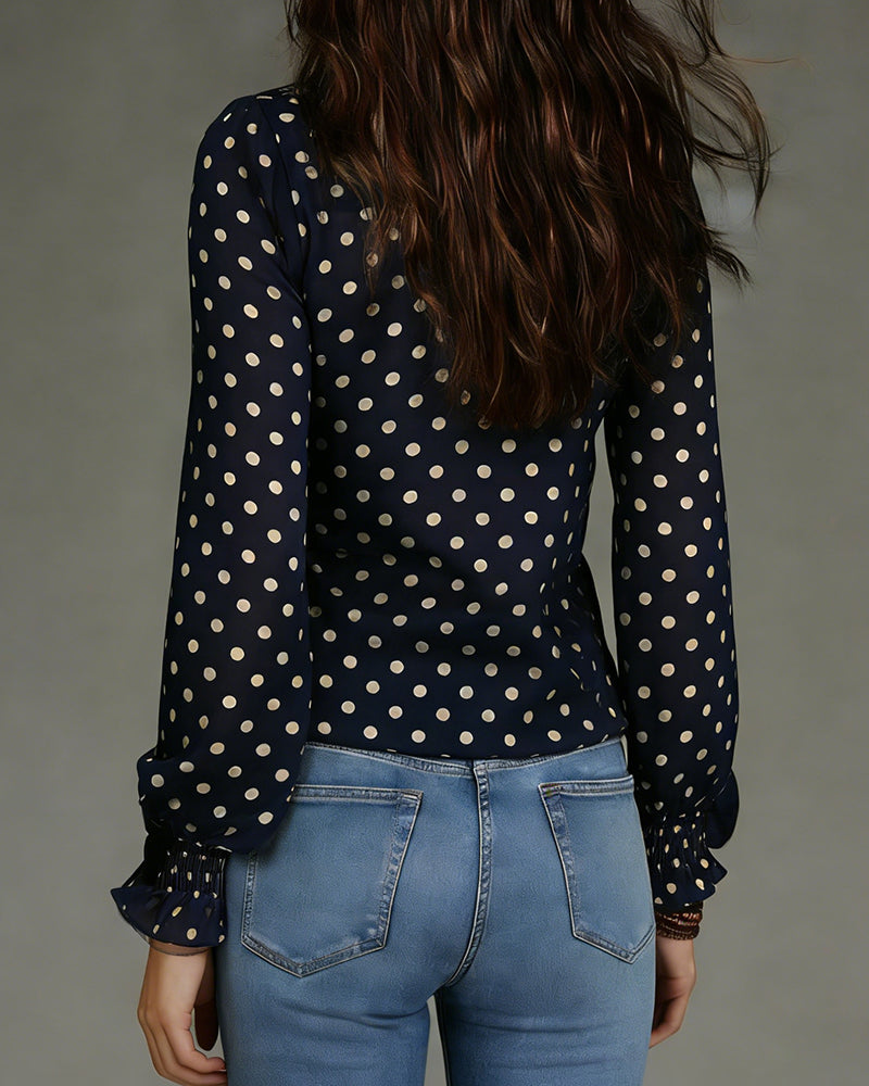 Polka Dot Ruffled Half-Zip Blouse