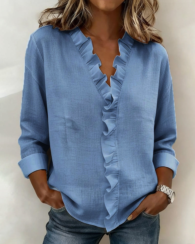 Ruffled Blouse V-Neck Long Sleeves