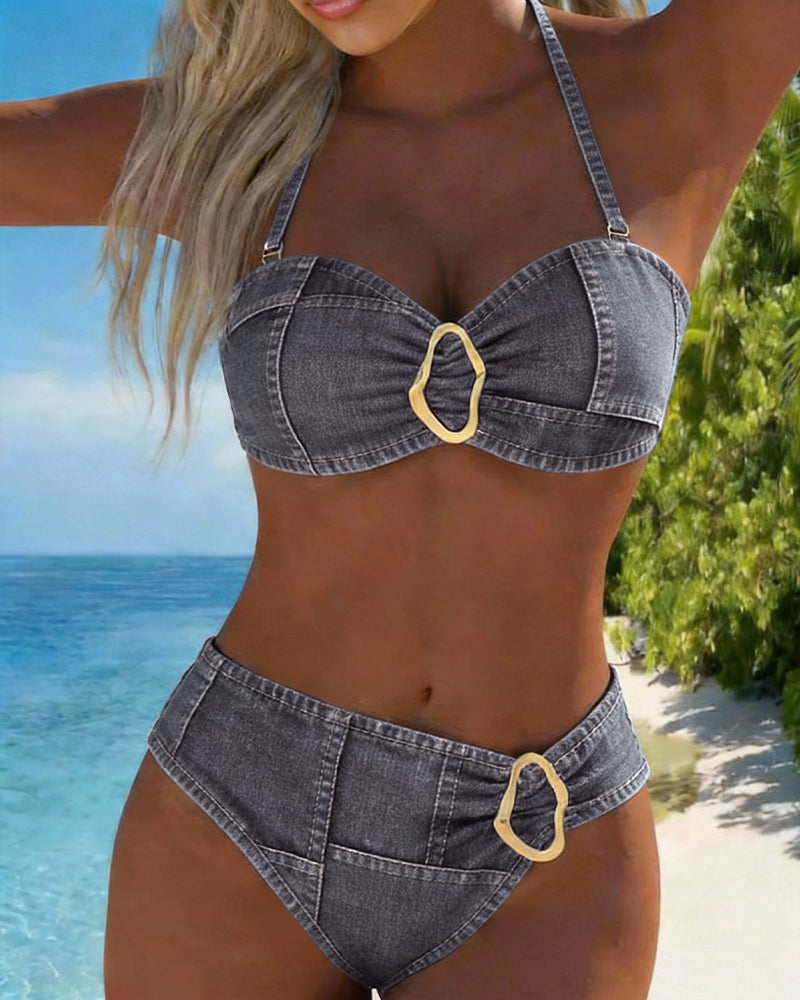 Metal Buckle Suspender Bikini Two Piece