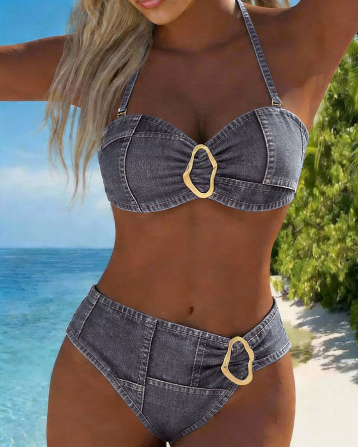 Metal Buckle Suspender Bikini Two Piece