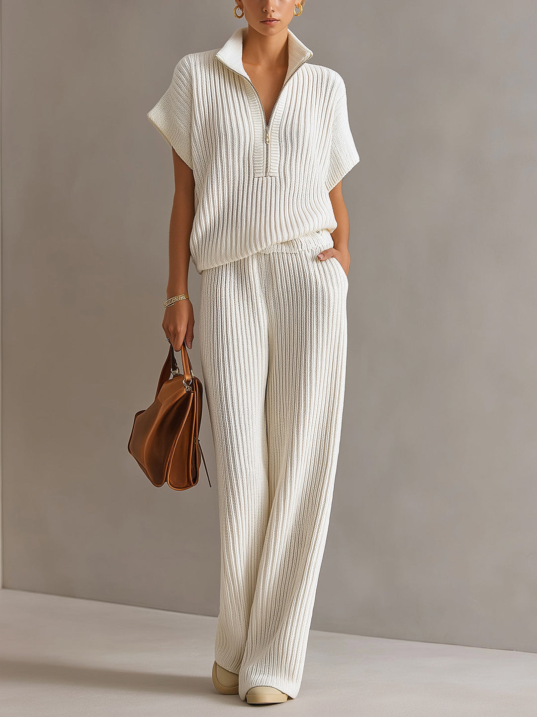Kennedy Chic Elegant Cream White Zipper-Up Stand Collar Oversize Short-Sleeve Sweater Wide-Leg Pants Ribbed Knit Two-Piece Set