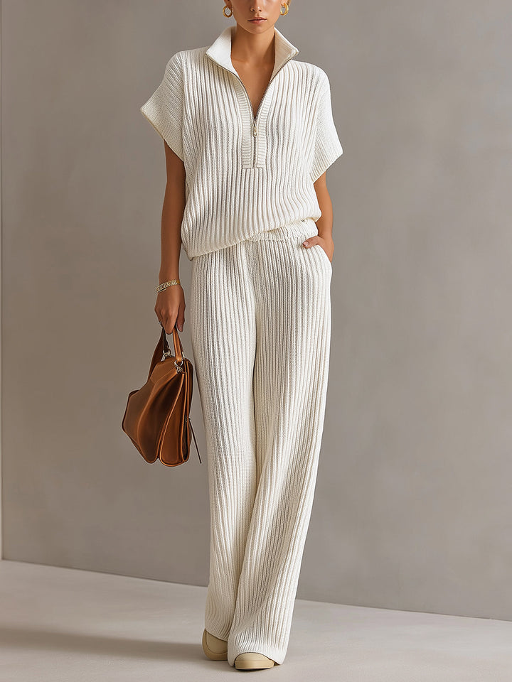 Kennedy Chic Elegant Cream White Zipper-Up Stand Collar Oversize Short-Sleeve Sweater Wide-Leg Pants Ribbed Knit Two-Piece Set