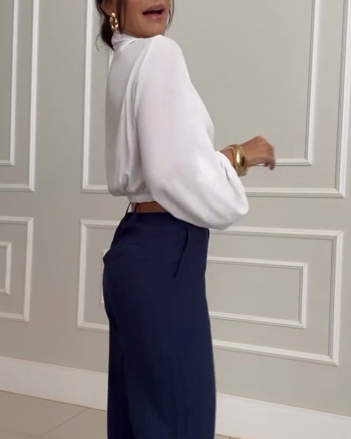 Trendy Lantern Sleeve Blouse with Solid Color V-Neck