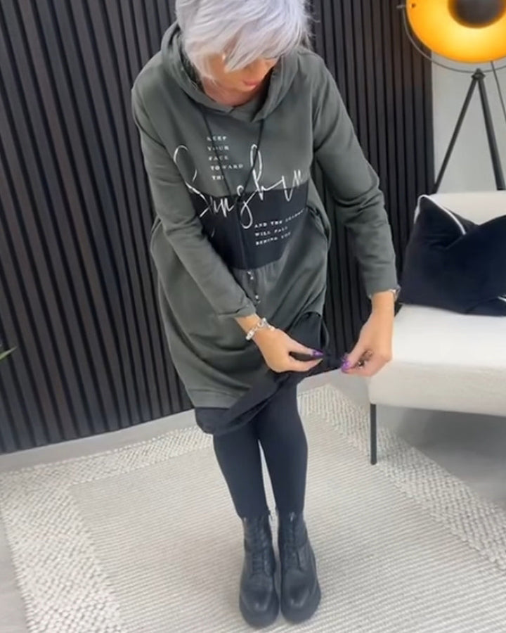 Casual Hooded Dress with Color Block Letter Print and Pocket