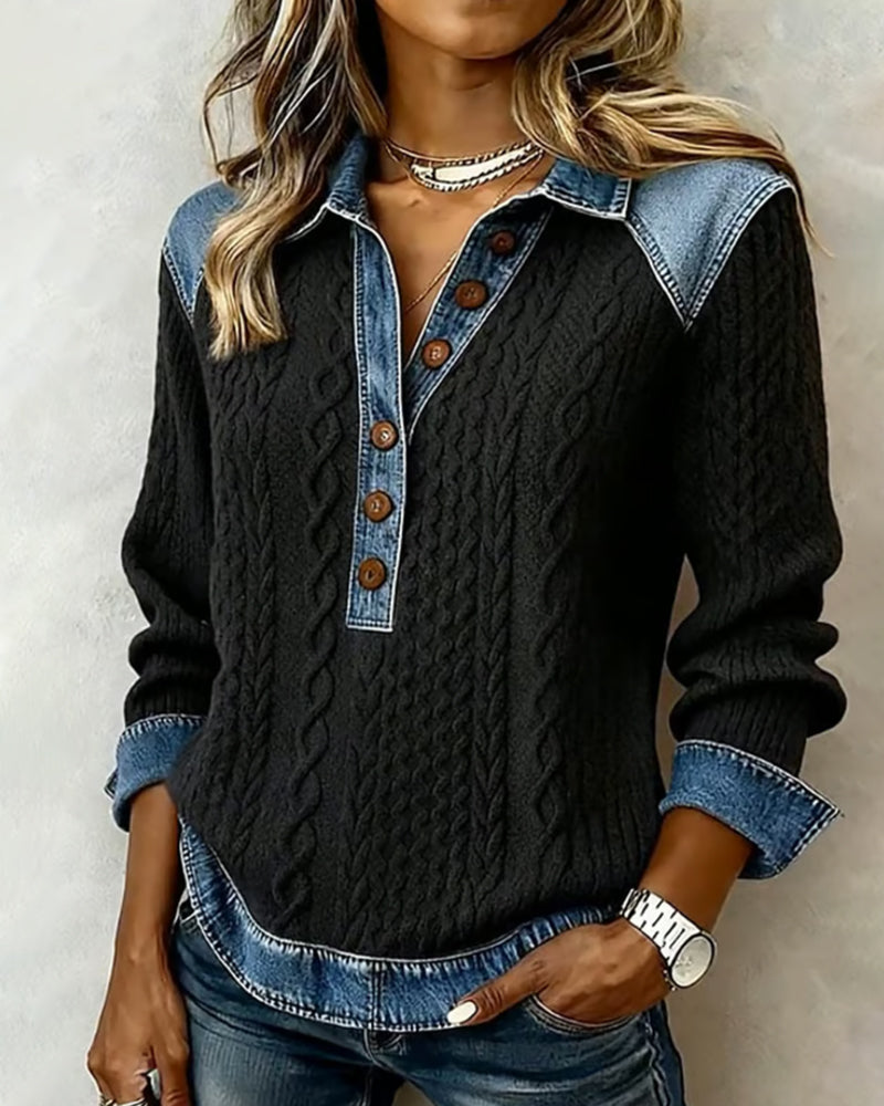 Elegant Color Block Denim Sweatshirt