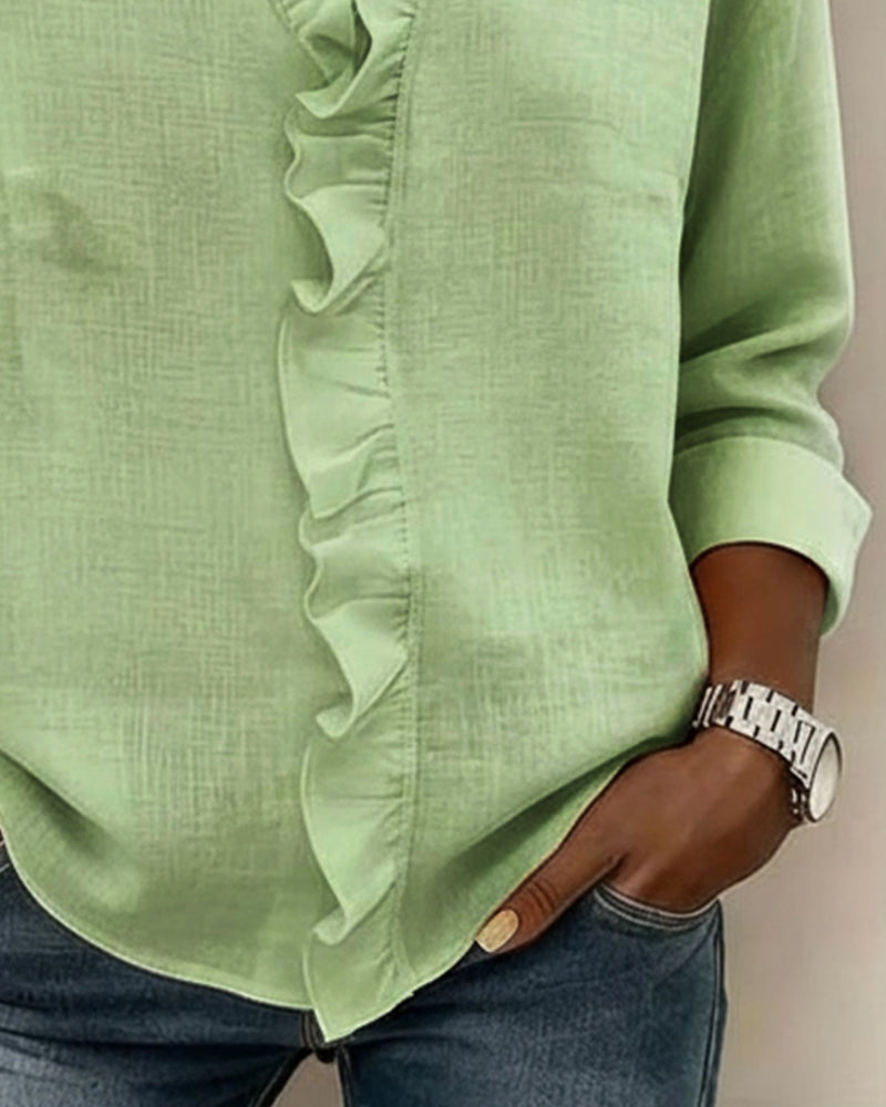 Ruffled Blouse V-Neck Long Sleeves