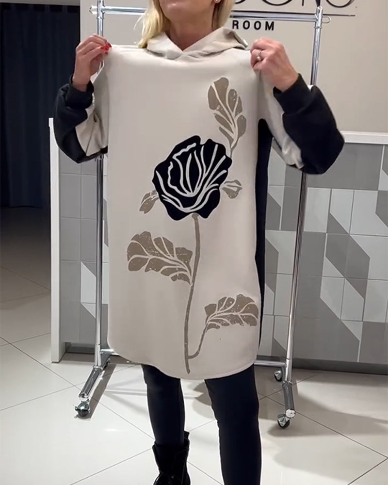 Color-Block Floral Print Hoodie Dress