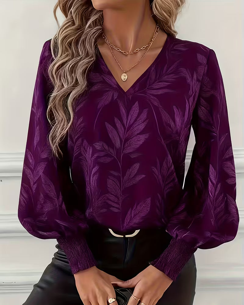 Leaf Pattern Blouse V-Neck Long Sleeves