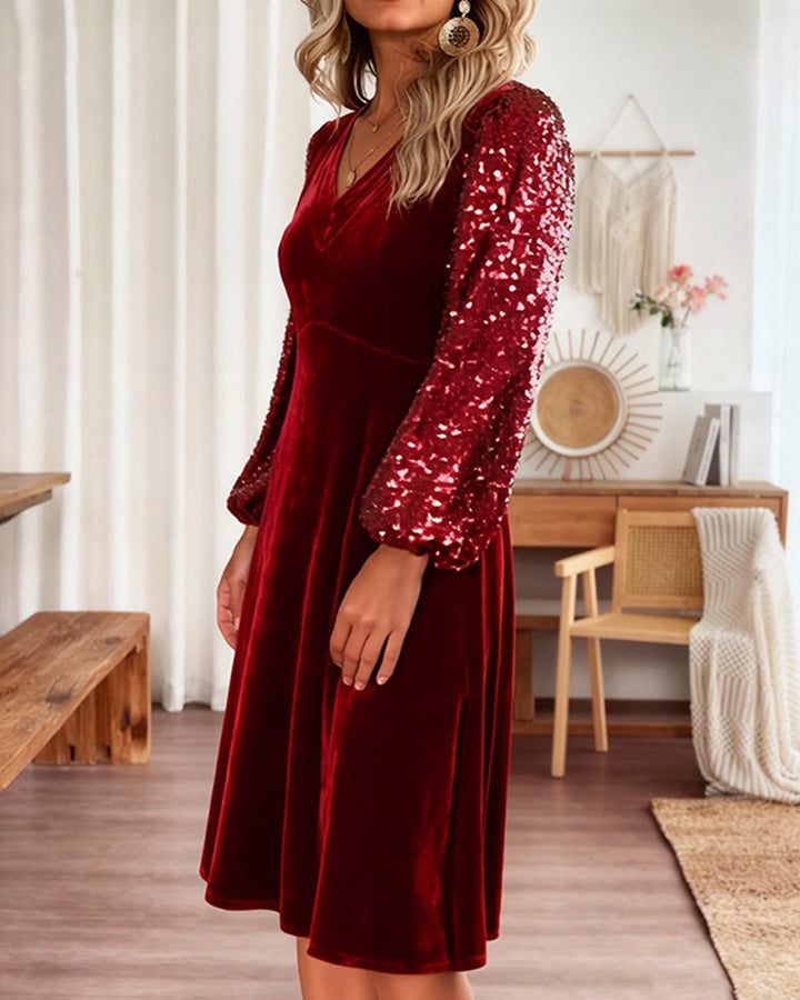 Casual Solid Velvet Dress with V-Neck