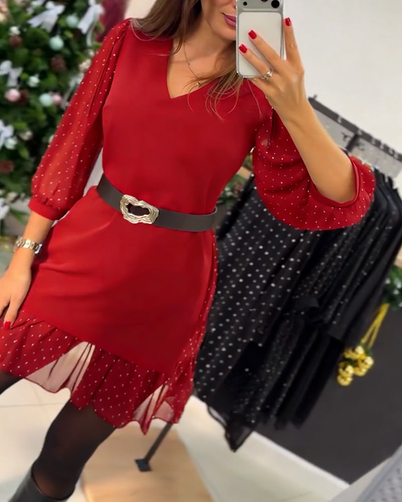 Elegant V-Neck Dress with Patchwork Pattern