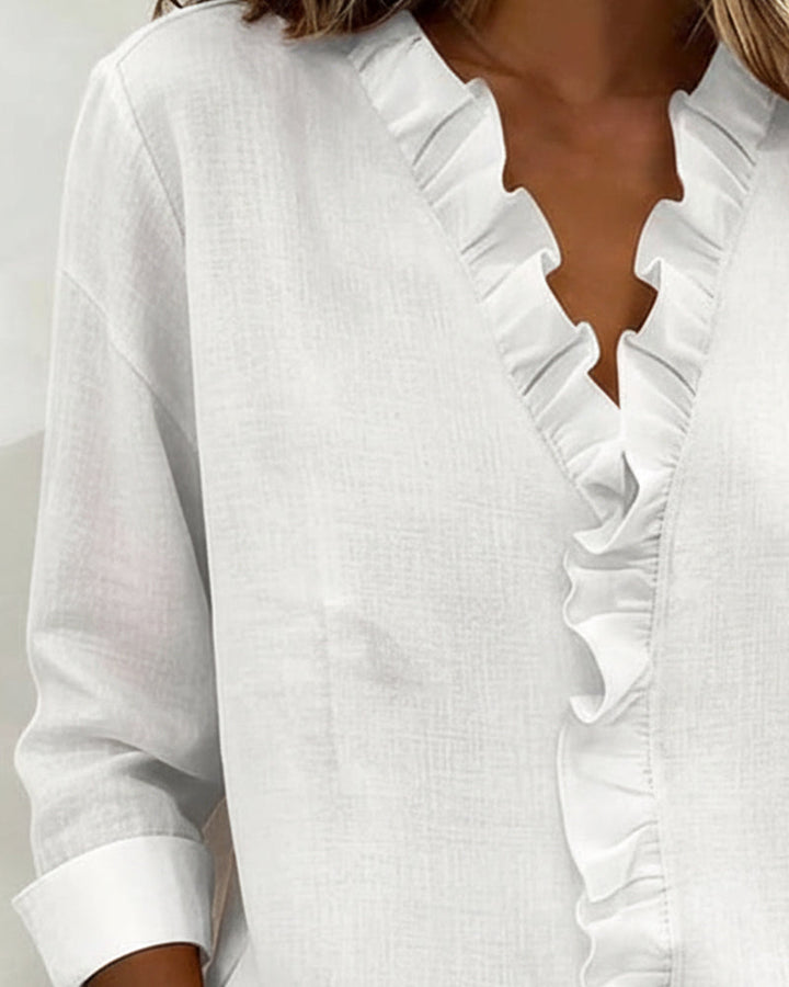 Ruffled Blouse V-Neck Long Sleeves