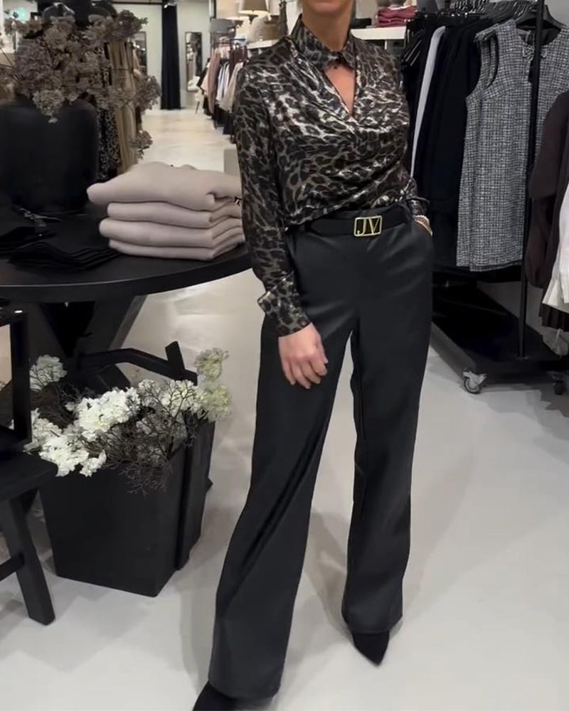 Elegant Leopard Print Blouse with Draped Collar