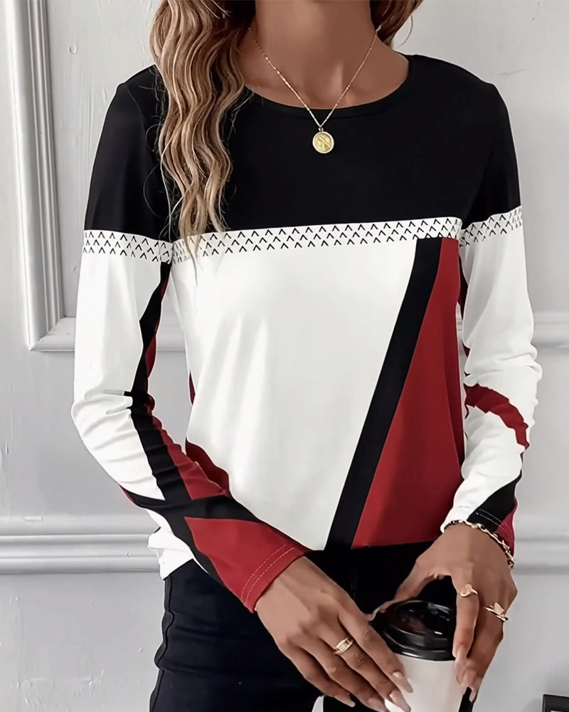Casual Printed T-Shirt with Round Neck and Long Sleeves