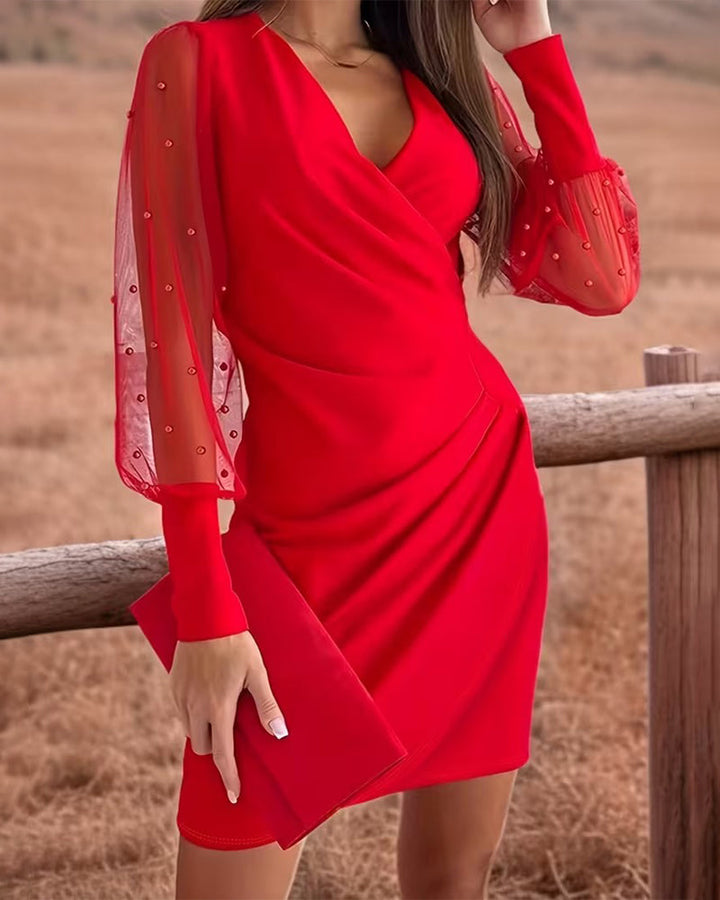 V-Neck Mesh Dress Patchwork