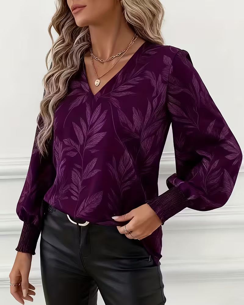 Leaf Pattern Blouse V-Neck Long Sleeves