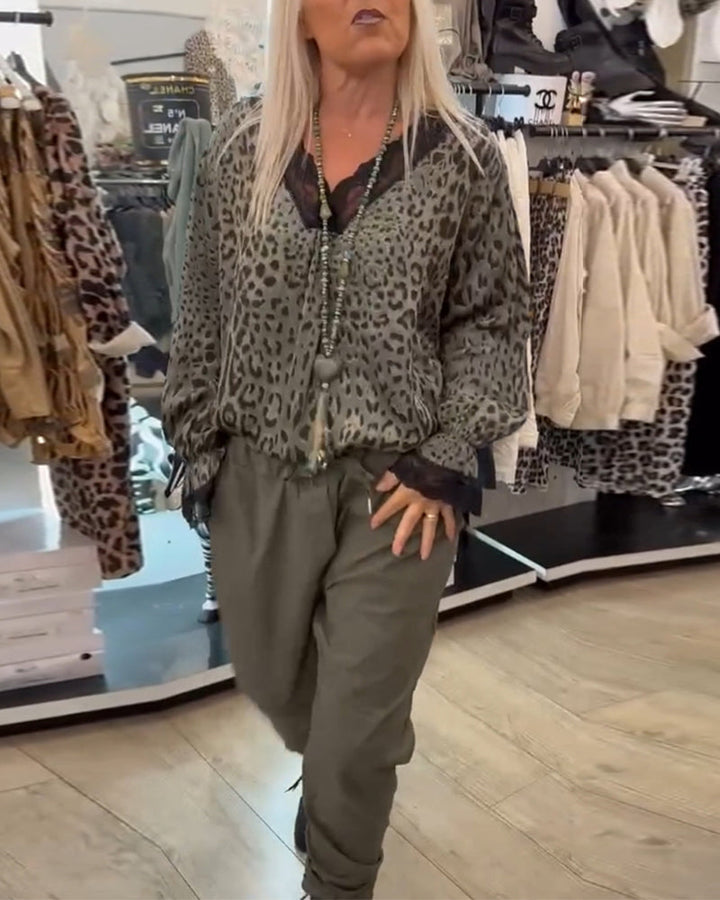 Leopard Print Blouse with V-Neck and Lace Patchwork