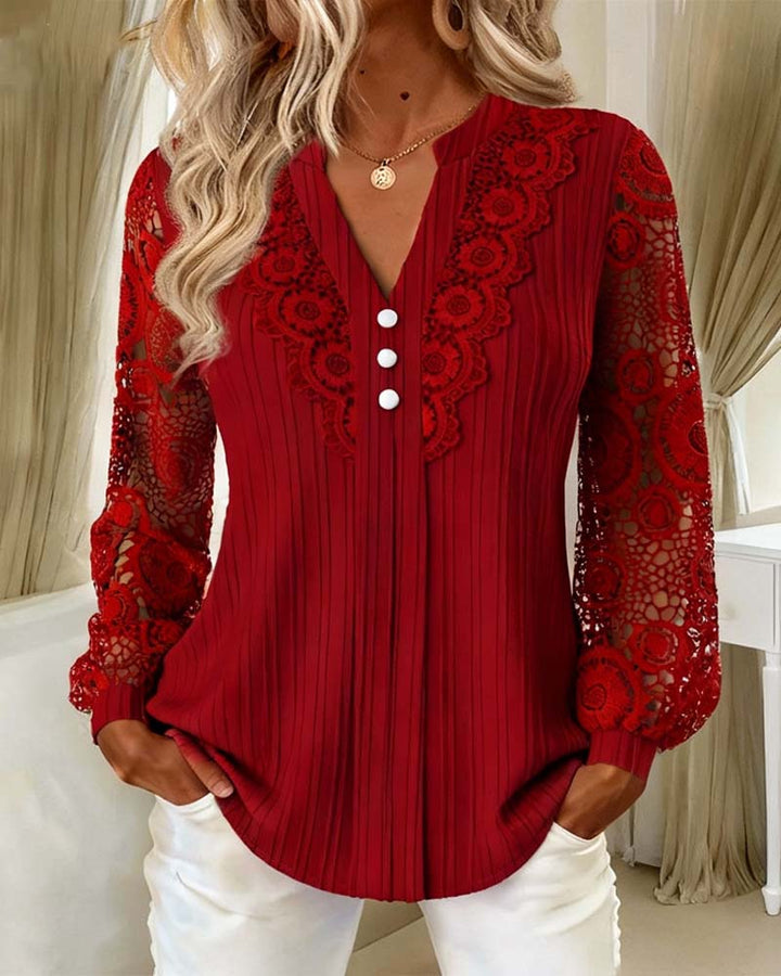 Lace Blouse Panel Long Sleeves V-Neck