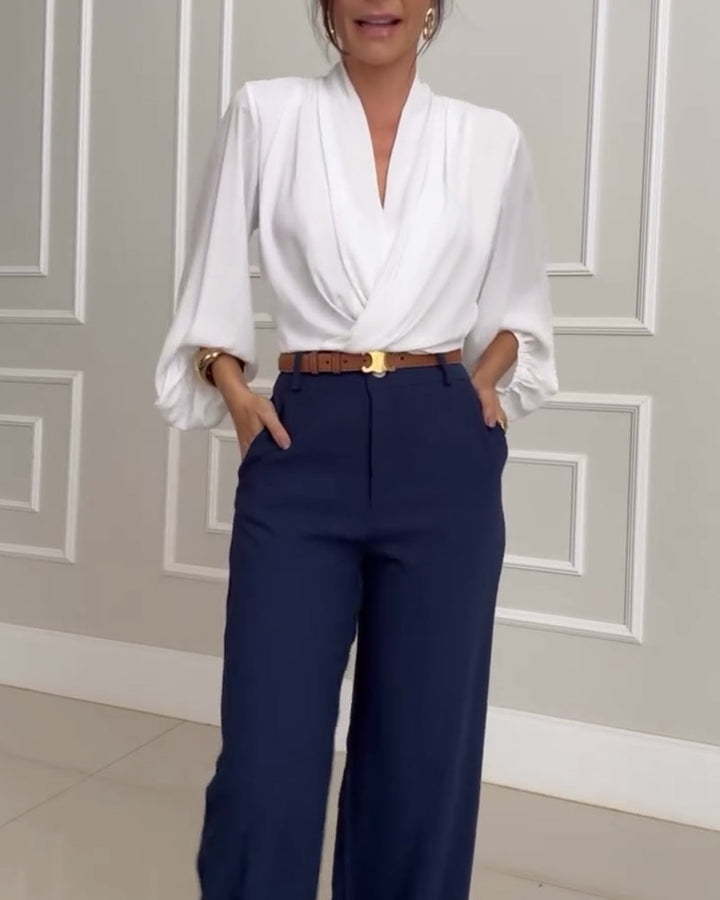 Trendy Lantern Sleeve Blouse with Solid Color V-Neck