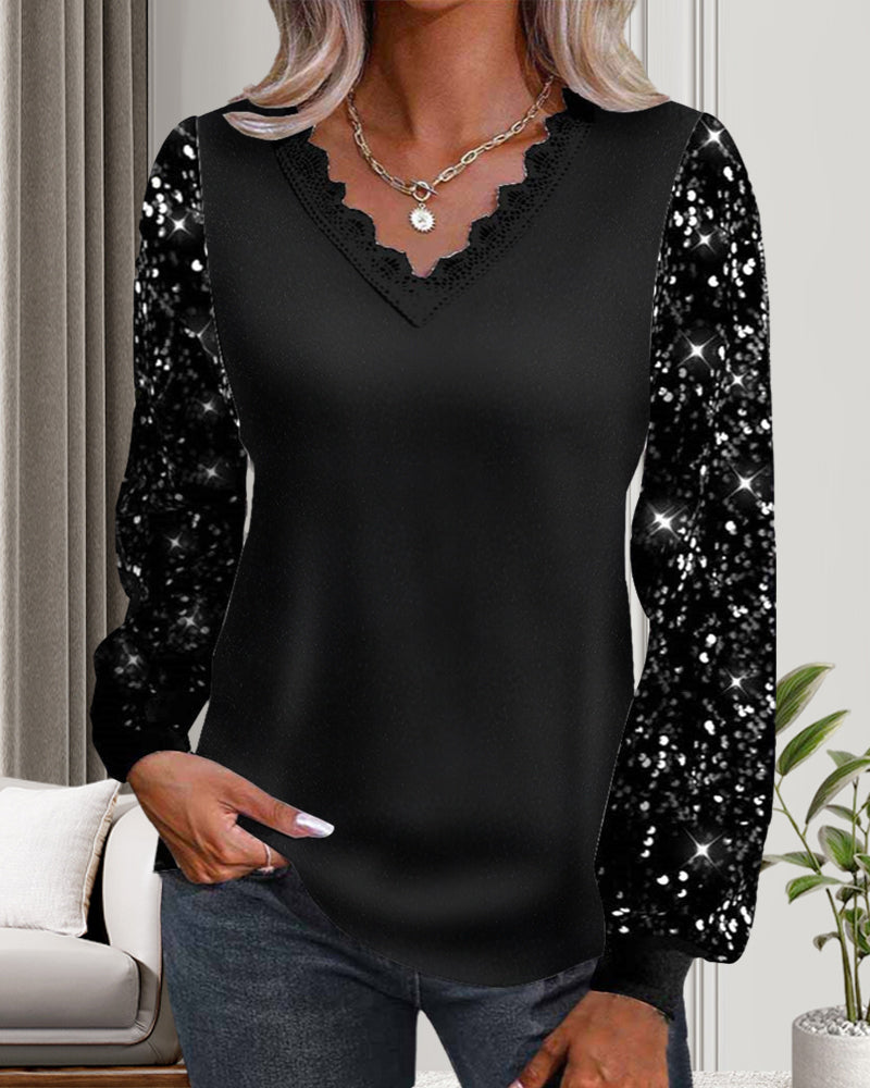 Casual Solid Color Glitter Top with V-Neck