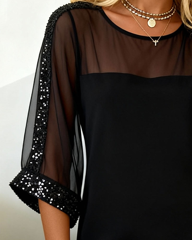 Sequined Dress with Mesh Panels and Round Neck