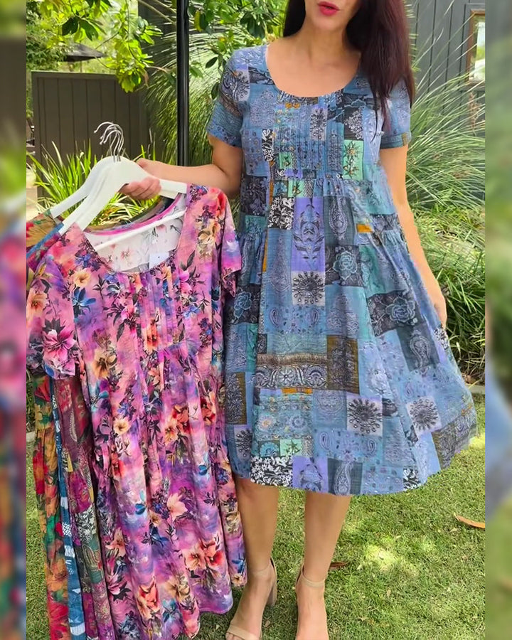 Pleated Printed A-Line Round Neck Dress