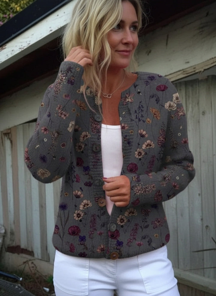 Floral Art Print Buttoned Cardigan Sweater