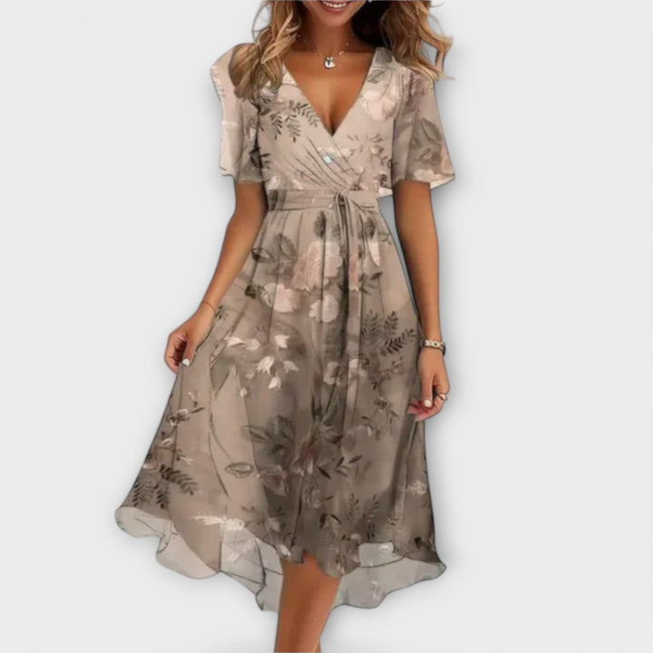 Anegret | Stylish Floral V-Neck Midi Dress