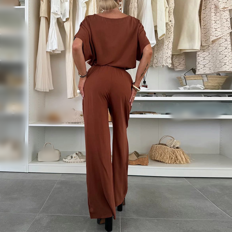 Solid Color Short Sleeve Top & Drawstring Pants 2-Piece Set