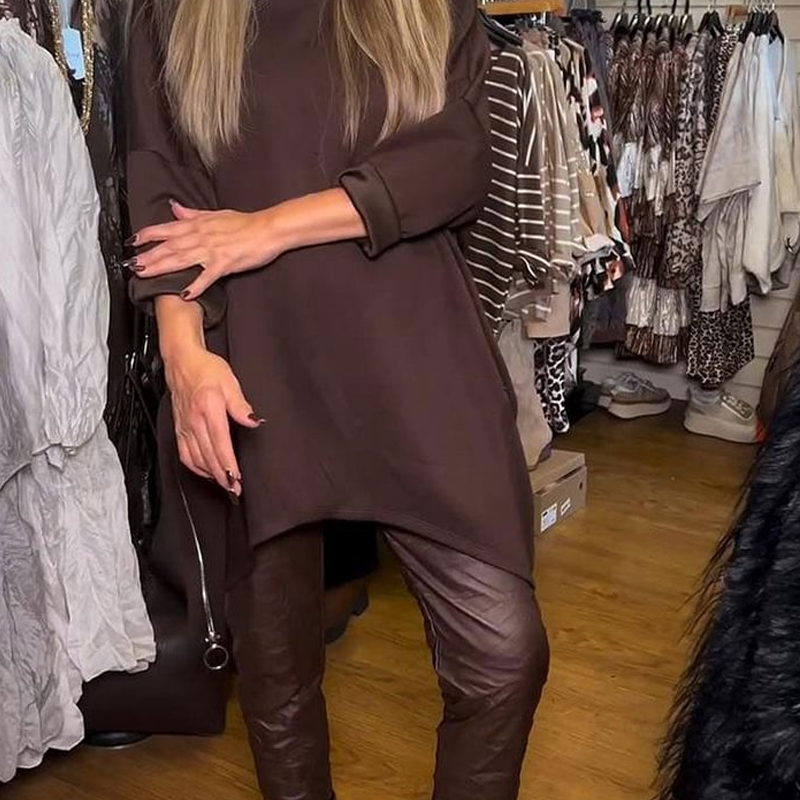 Limited Time Offer Two-Piece Set Comprising an Asymmetrical Loose Top and Solid Pants