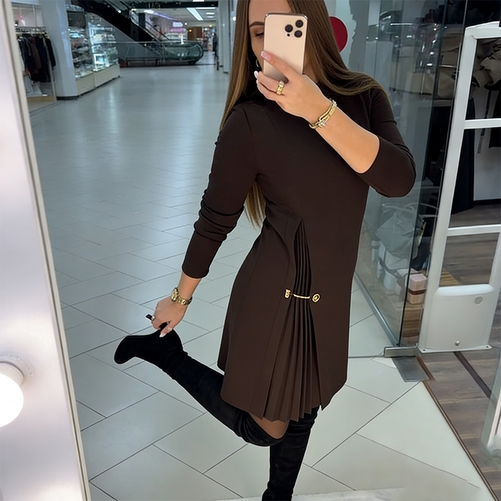 Sophisticated A-Line Dress with Pleated Detail and Gold Chain