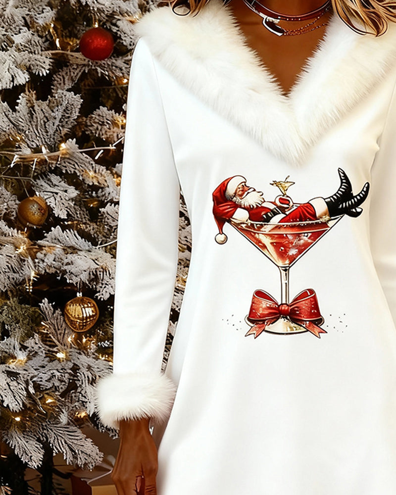 Christmas Print Fur Collar Dress