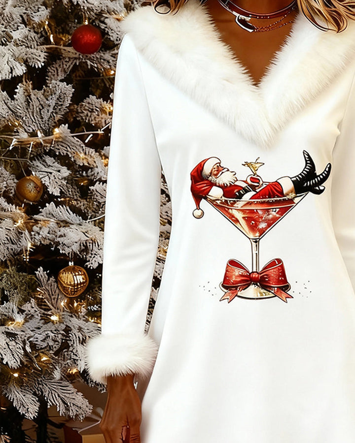 Christmas Print Fur Collar Dress
